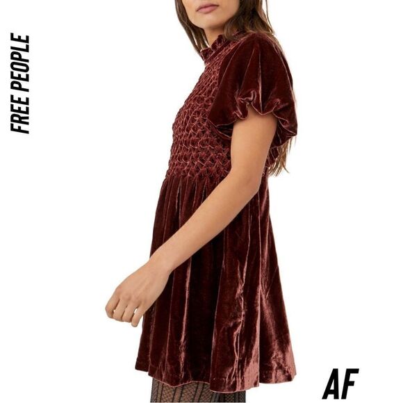 FREE PEOPLE GUM DROP VELVET MINI DRESS IN CHOCOLATE NWT - Picture 4 of 10